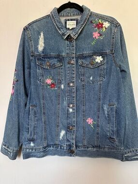 Oversized Denim Jacket with Pink, Red & White Floral Embroidery